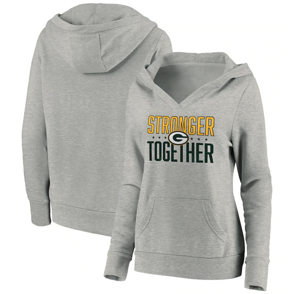 Women's Green Bay Packers Heather Gray Stronger Together Crossover Neck Pullover Hoodie(Run Small)