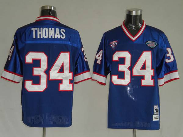 Mitchell & Ness Bills #34 Custom Thurman Thomas Blue 35th Anniversary Patch Stitched Throwback NFL Jersey