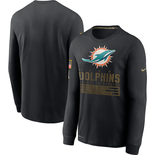 Men's Miami Dolphins 2020 Black Salute To Service Sideline Performance Long Sleeve NFL T-Shirt