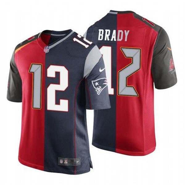 Men's Tampa Bay Buccaneers #12 Tom Brady Red and Navy Split GOAT Stitched NFL Jersey