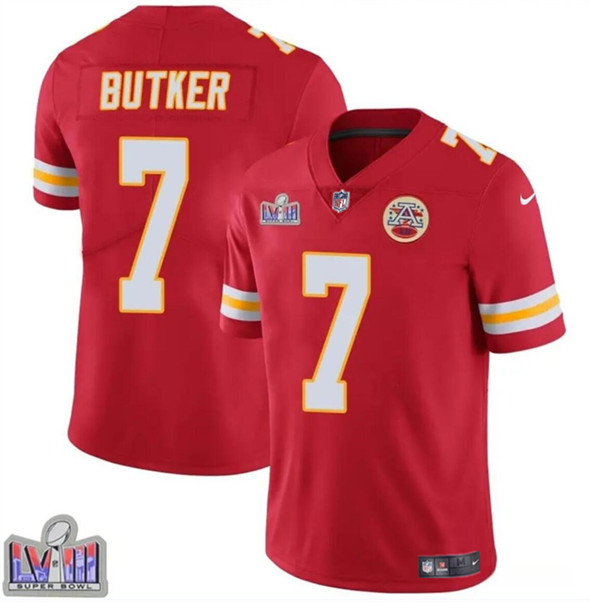Men’s Kansas City Chiefs #7 Harrison Butker Red Super Bowl LVIII Patch Vapor Untouchable Limited Football Stitched Jersey