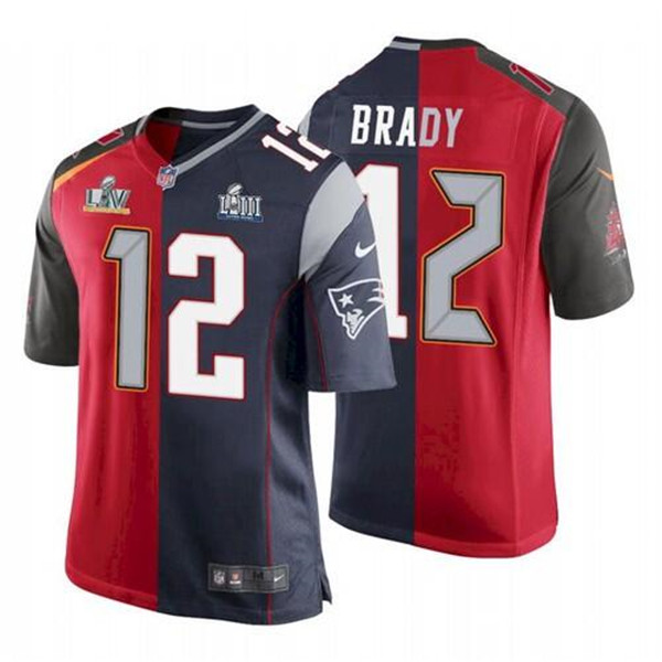 Men's Tampa Bay Buccaneers #12 Tom Brady Red Navy Super Bowl Split GOAT Stitched NFL Jersey
