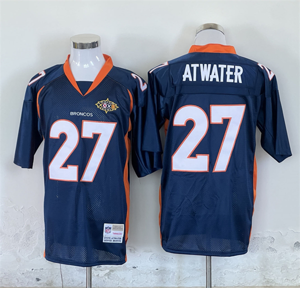 Men's Denver Broncos #27 Steve Atwater Mitchel & Ness Navy With Super Bowl Patch Throwback Stitched Jersey