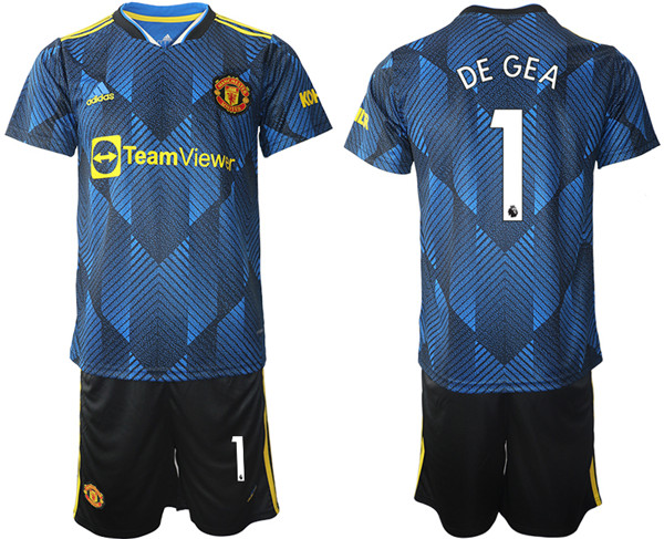 Men's Manchester United #1 David de Gea Blue Away Soccer Jersey with Shorts