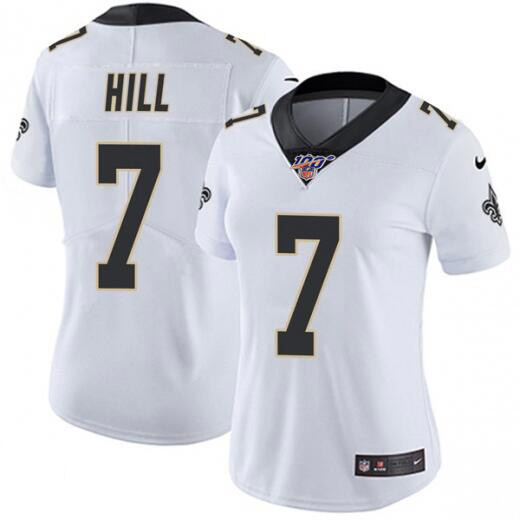 Women's New Orleans Saints 100th #7 Taysom Hill White Rush Limited Stitched NFL Jersey