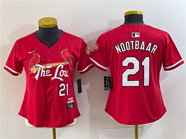 Women's St.Louis Cardinals #21 Lars Nootbaar Red 2024 City Connect Limited Stitched Baseball Jersey(Run Small)
