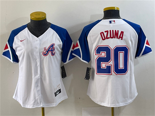 Women's Atlanta Braves #20 Marcell Ozuna White 2023 City Connect Stitched Jersey(Run Small)