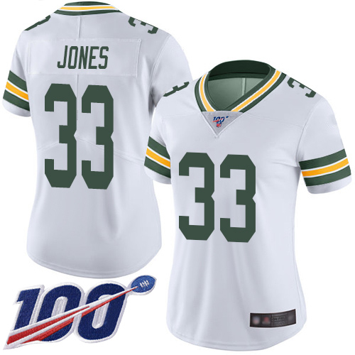 Women's Packers #33 Aaron Jones 100th Season White Vapor Untouchable Stitched NFL Limited Jersey