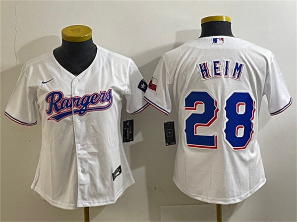Youth Texas Rangers #28 Jonah Heim White With Patch Stitched Baseball Jersey
