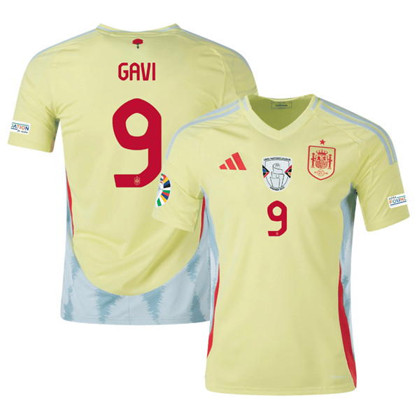 Men's Spain Team #9 Gavi Yellow 2024 Away Soccer Jersey