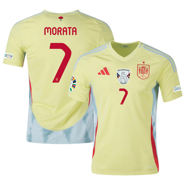 Men's Spain Team #7 Alvaro Morata Yellow 2024 Away Soccer Jersey
