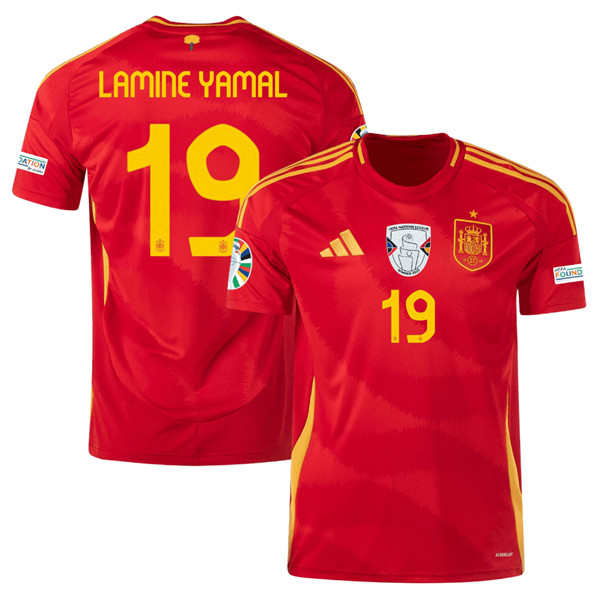 Men's Spain Team #19 Lamine Yamal Scarlet 2024 Home Soccer Jersey
