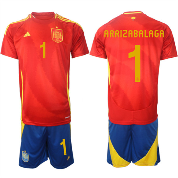 Men's Spain Team #1 Kepa Arrizabalaga 2024-25 Red Home Soccer Jersey Suit