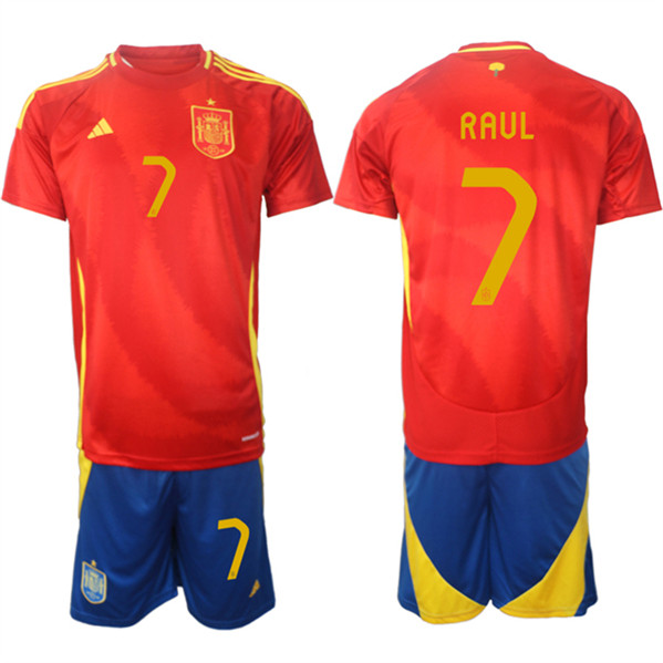 Men's Spain Team #7 Raúl 2024-25 Red Home Soccer Jersey Suit