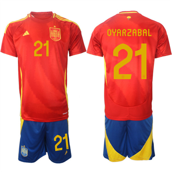 Men's Spain Team #21 Mikel Oyarzabal 2024-25 Red Home Soccer Jersey Suit