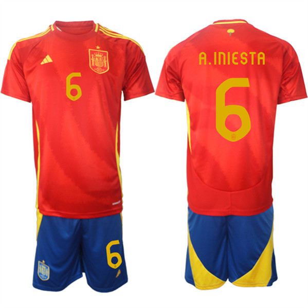 Men's Spain Team #6 Andrés Iniesta 2024-25 Red Home Soccer Jersey Suit