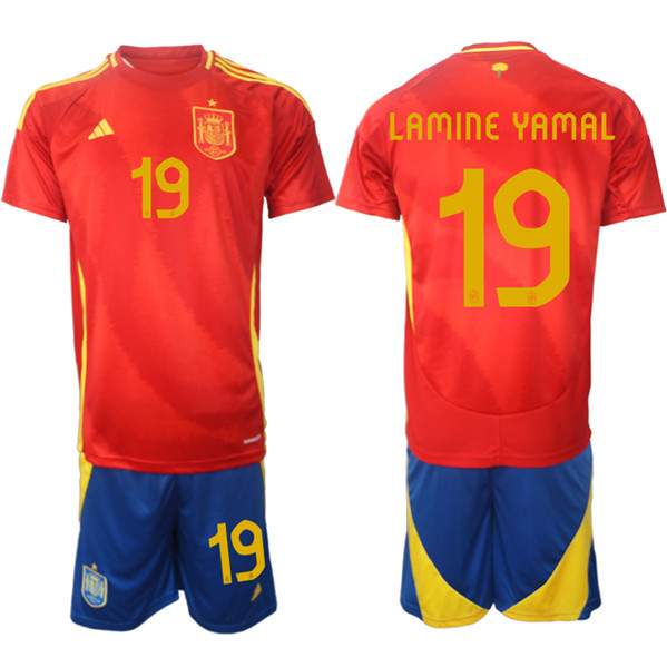 Men's Spain Team #19 Lamine Yamal 2024-25 Red Home Soccer Jersey Suit
