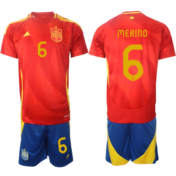 Men's Spain Team #6 Mikel Merino 2024-25 Red Home Soccer Jersey Suit