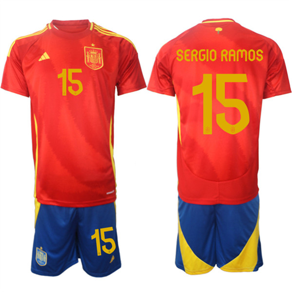 Men's Spain Team #15 Sergio Ramos 2024-25 Red Home Soccer Jersey Suit